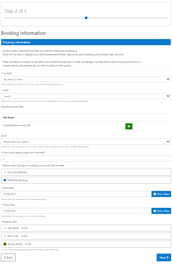 Booking multiple parking spaces - step 2