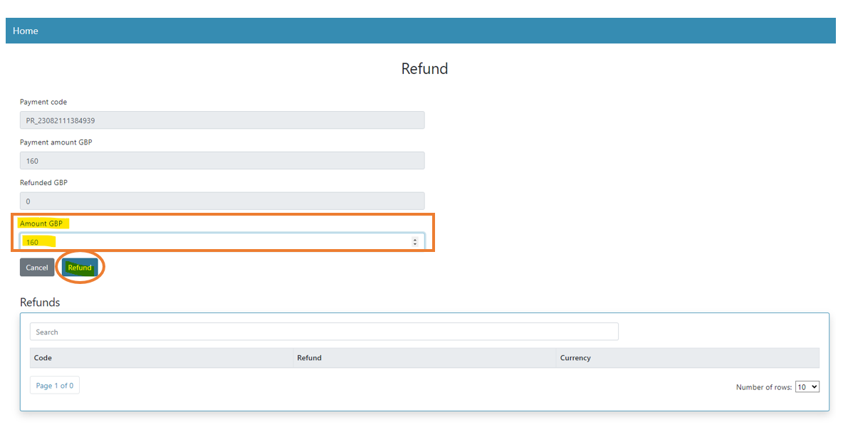 Refund screen