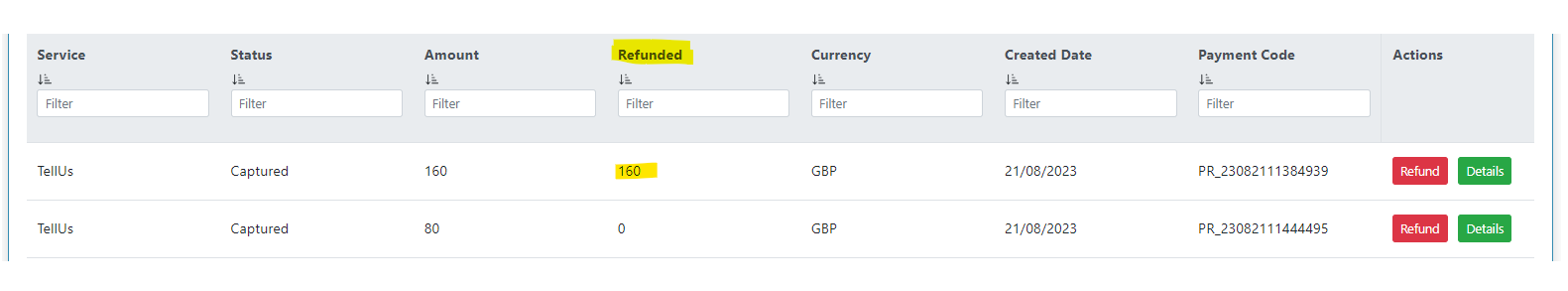 Refunded amount displayed