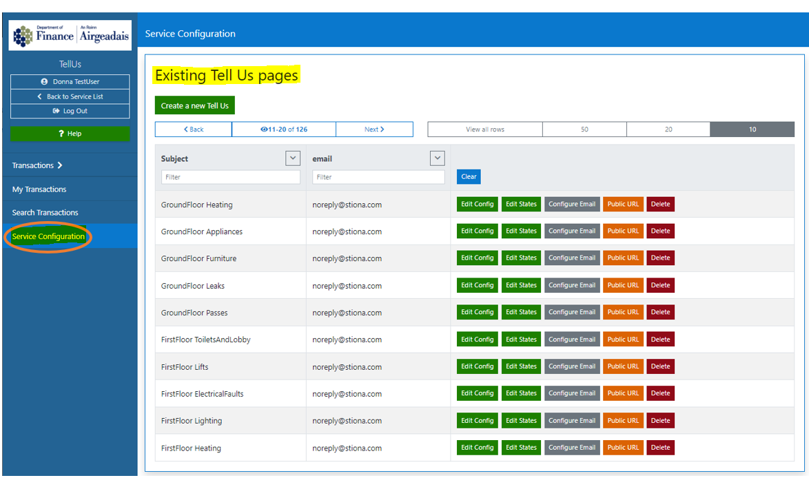 Service Configuration page