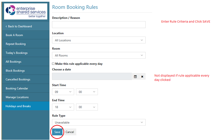 Add/Save New Room Booking Rules