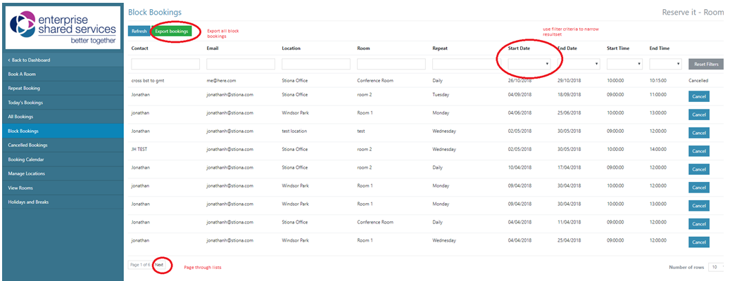 View Filter and Export Block Bookings