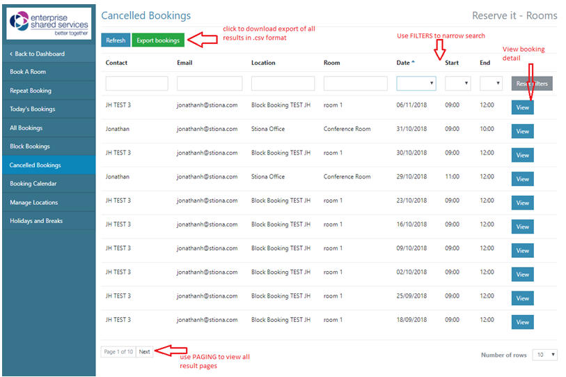 View Export Canceled Bookings