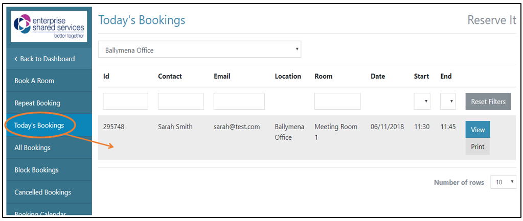 View Today`s Room Bookings LHM